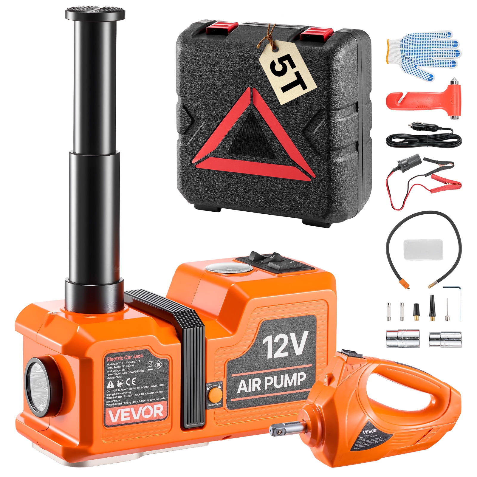 VEVOR 5T Electric Hydraulic Car Jack with Built-in Air Pump & Impact ...