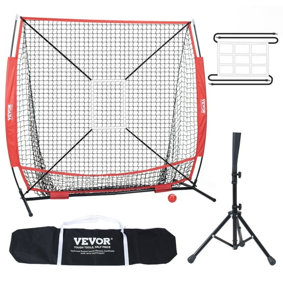 VEVOR 5x5 ft Baseball Softball Practice Net, Portable Baseball Training Net for Hitting Batting Catching Pitching, Backstop Baseball Equipment with Bow Frame, Carry Bag,Strike Zone, Ball,Batting Tee