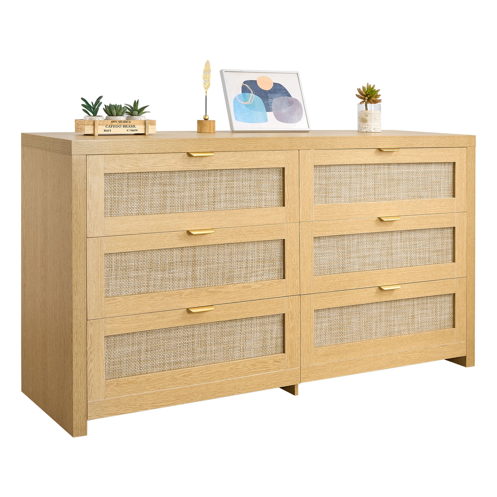 VEVOR 6 Drawer Rattan Dresser, Double Dresser for Bedroom, Natural ...