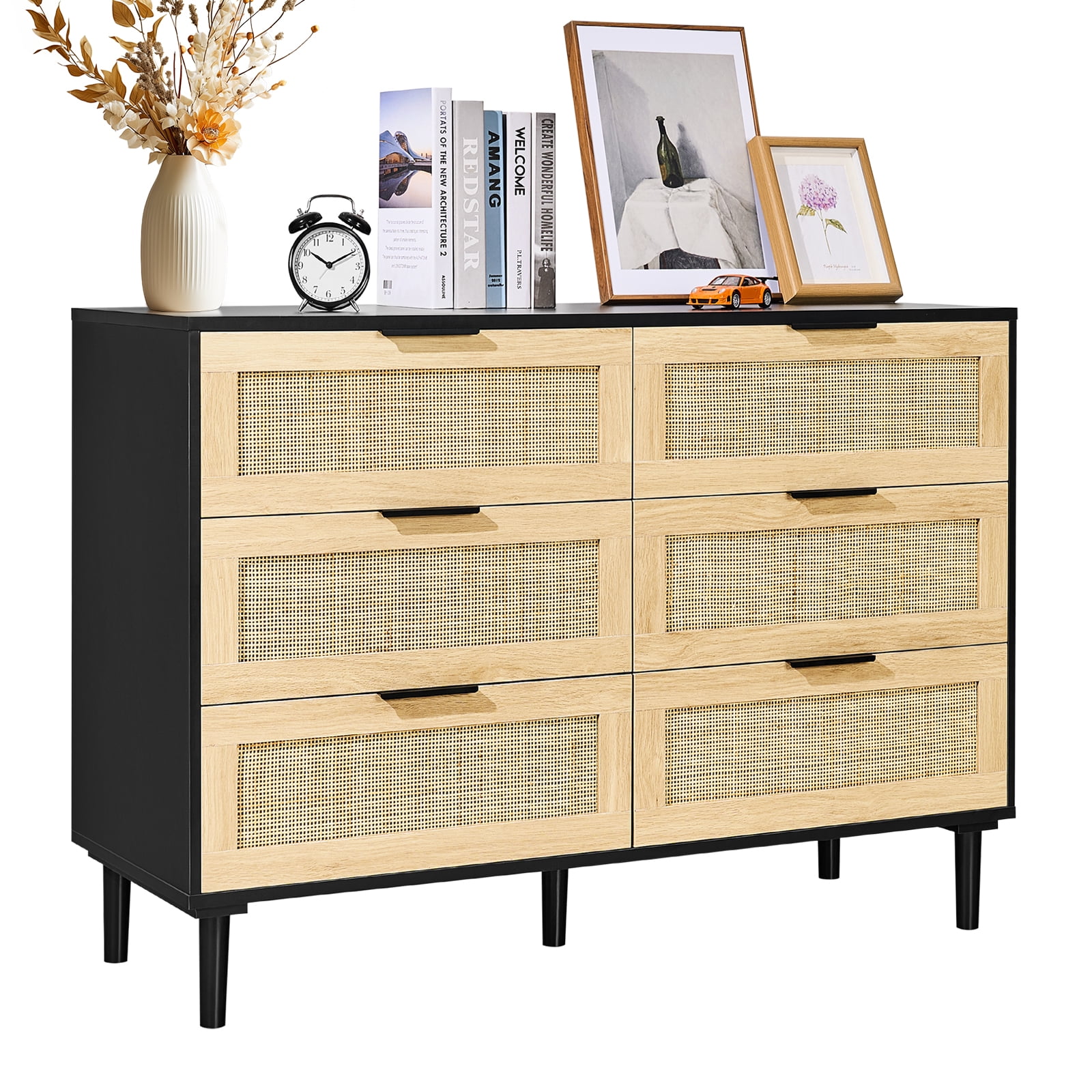 VEVOR 6 Drawer Rattan Dresser, Natural Rattan Closet Dresser with 6 Drawers, Modern Wood Chest Clothing Organizer&Storage Boho Dresser with Sturdy Handles & Legs,for Bedroom, Living Room & Hallway