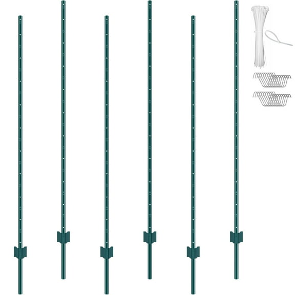 VEVOR 6 Feet Fence Post, 6 Pack U-Channel Heavy Duty Metal Fence Posts, Sturdy Steel Fence Stakes for Garden Yard, Lawn, Farms and Outdoor Wire Fencing, Green