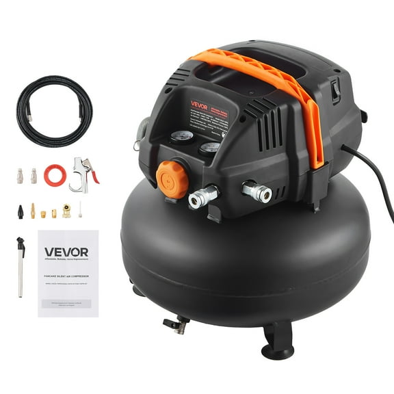VEVOR 6 Gallon Air Compressor,1.7HP 2.3CFM@90PSI Portable Pancake Air Compressor & 150PSI Max Pressure, 12-Piece Accessory Kit with 50FT Air Hose for Tire Inflation, Spray Painting, Woodwork Nailing