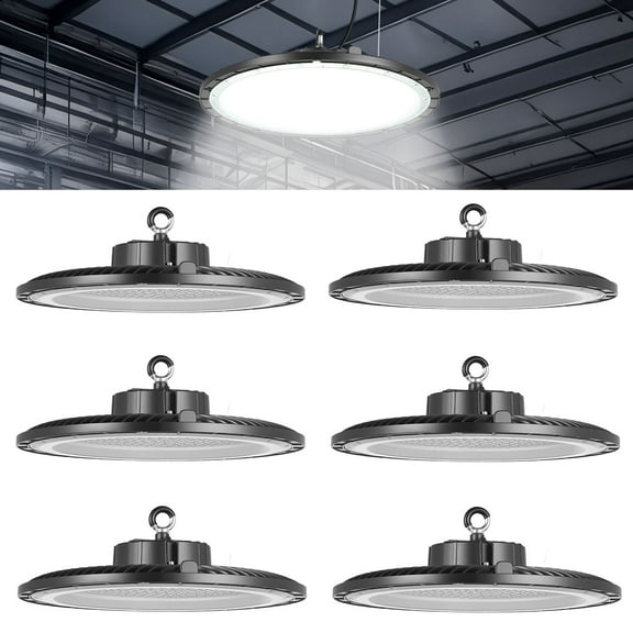 VEVOR 6 Pack LED High Bay Lights, 5000K 250W 36000LM Super Bright UFO LED Warehouse Shop Lights, IP65 Waterproof, 100-277V Wide Voltage for Warehouse Workshop Factory Gym Garage Barn, Black