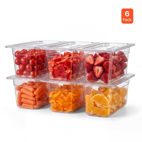 VEVOR 6-Pack Polycarbonate Food Pans, 1/3 Size, 6" Deep, with Lid, Clear, for Restaurants, Buffets and Salad Bars, Commercial Food Storage Containers, Dishwasher Compatible, Stackable, Scale Markings