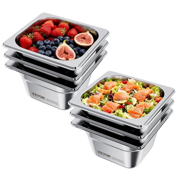 VEVOR 6 Pack Stainless Steam Hotel Pans, 1/6 Size Table Steam Pan, 4 Inch Deep, Anti Jam Restaurant Supplies Reusable Rustproof Catering Storage for Home, Party, Restaurant, Hotel, Buffet