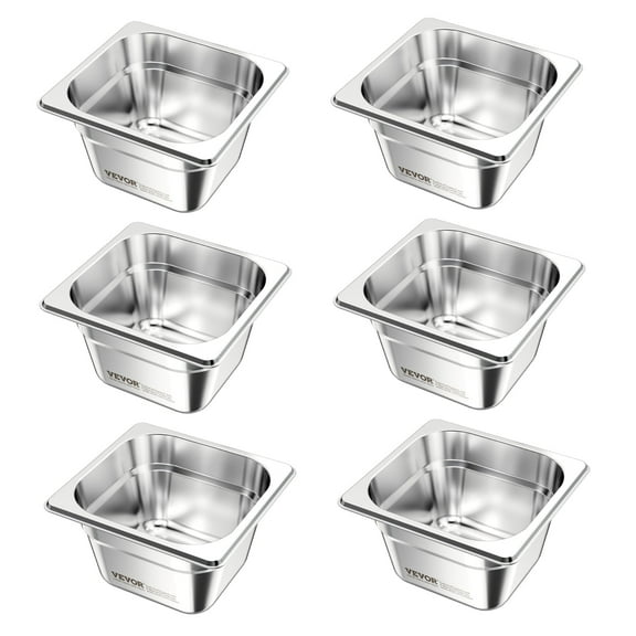 VEVOR 6 Pack Stainless Steam Hotel Pans, 1/6 Size Table Steam Pan, 4 Inch Deep, Anti Jam Restaurant Supplies Reusable Rustproof Catering Storage for Home, Party, Restaurant, Hotel, Buffet