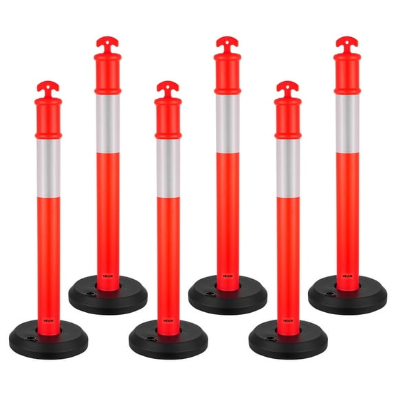 VEVOR 6 Pack Traffic Delineator Posts, 48 inches Traffic Safety Cones with Fillable Base and Reflective Strips, Heavy Duty Delineator Posts for Construction Site, Parking Lot, Crowd Control, Red