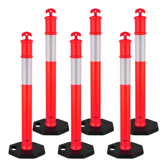 VEVOR 6 Pack Traffic Delineator Posts, 48 inches Traffic Safety Cones with Weighted Base and Reflective Strips, Heavy Duty Delineator Posts for Construction Site, Parking Lot, Crowd Control, Red