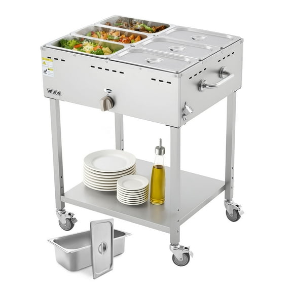 VEVOR 6-Pan Commercial Propane Steam Table, LP Gas Outdoor Soup Warmer with Drain Valve and 3" Wheels, Stainless Steel Propane Food Warmer with Adjustable Temperature, for Restaurant Outdoor Camping
