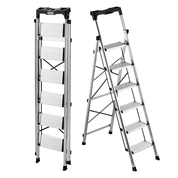 VEVOR 6 Step Ladder, Folding Step Stool with Wide Anti-Slip Pedal and Comfort Handgrip, 330 lbs Capacity Portable Aluminum Stepladder, Multi-Use for Kitchen, Warehouse, Household and Office, Silver