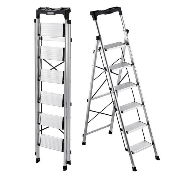 VEVOR 6 Step Ladder, Folding Step Stool with Wide Anti-Slip Pedal and Comfort Handgrip, 330 lbs Capacity Portable Aluminum Stepladder, Multi-Use for Kitchen, Warehouse, Household and Office, Silver