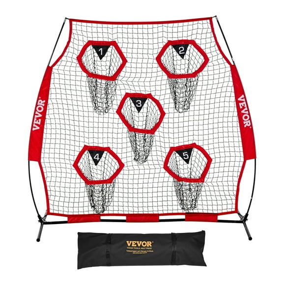 VEVOR 6 x 6 ft Football Trainer Throwing Net, Training Throwing Target Practice Net with 5 Target Pockets, Knotless Net Includes Straps and Portable Carry Case, Improve QB Throwing Accuracy, Red