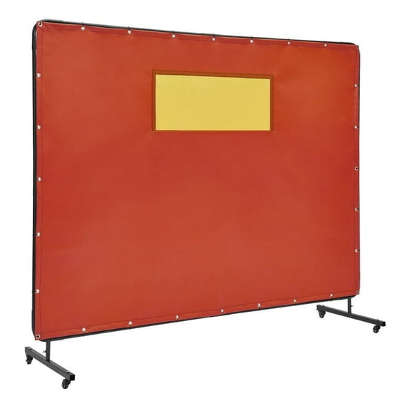 6'x8' Heavy-Duty Weld Screen with Frame, Fire-Resistant Vinyl Welding Curtain, Lockable Door, Clear Window, Mobile with 4 Swivel Wheels, for Workshop and Industrial Use