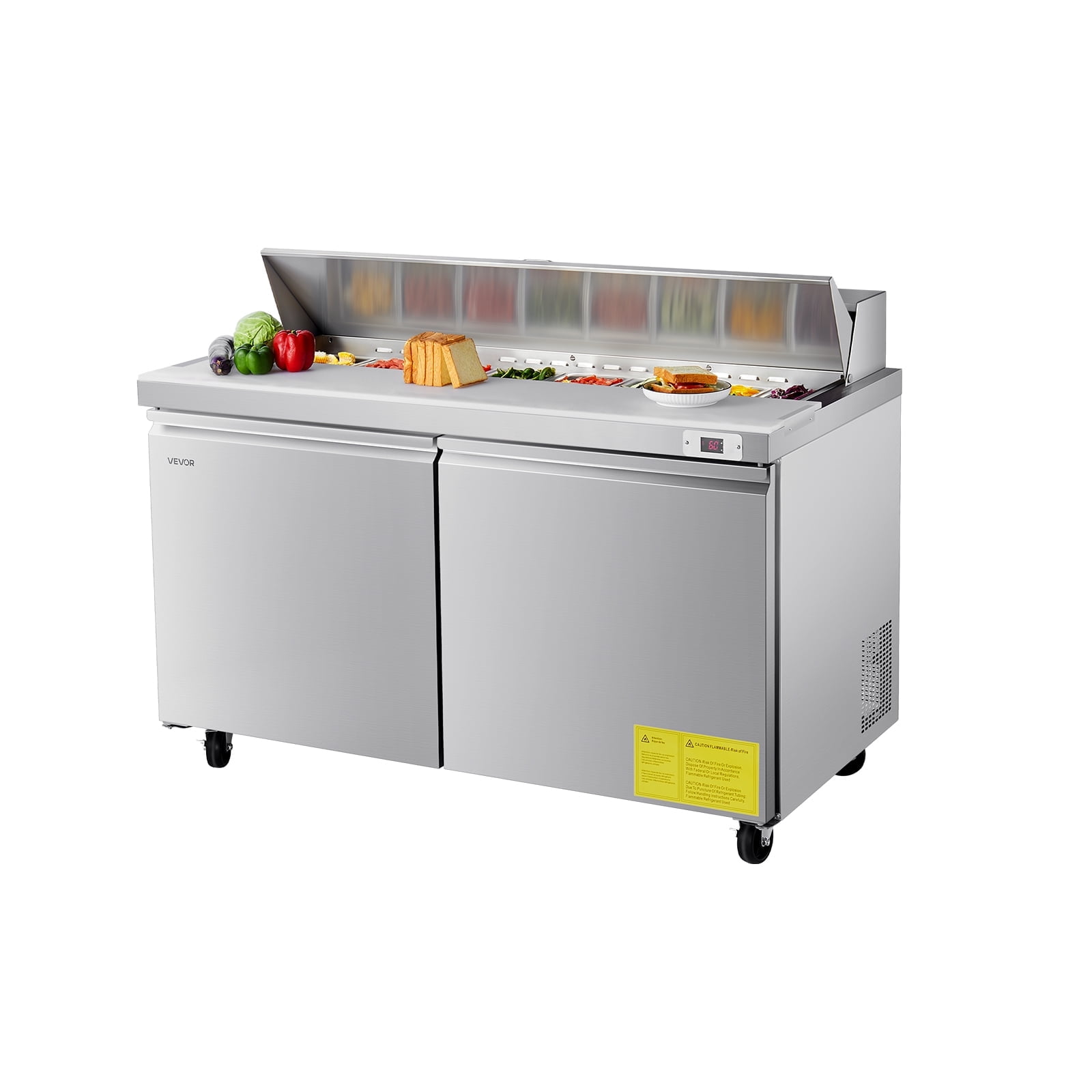 VEVOR 60 Inch W Commercial Refrigerator, 15.4 Cubic Feet Sandwich Prep Refrigerated Table, Ultra Top Food Prep Refrigerator with 16 Pans & Cutting Boards