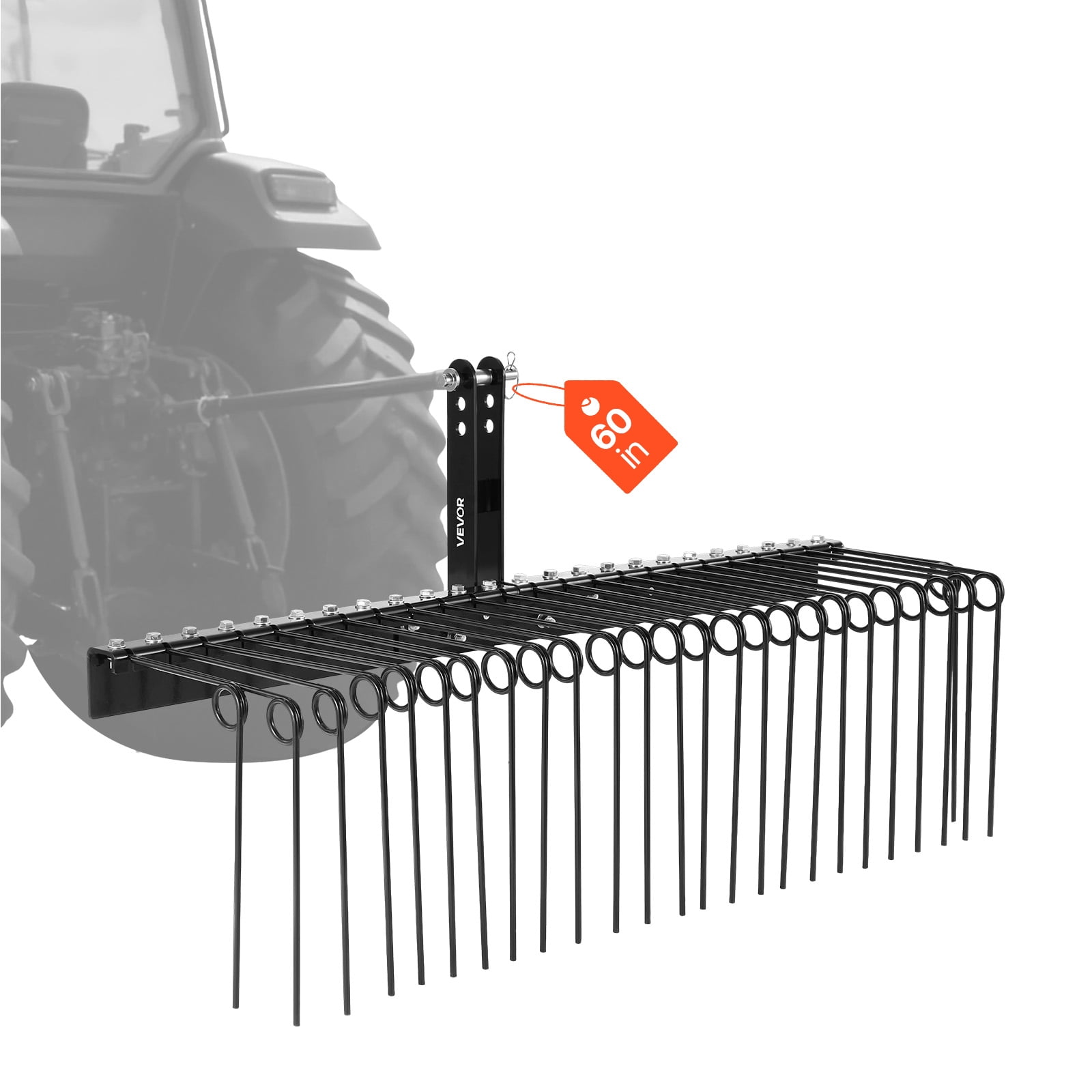 VEVOR 60 in Tow Behind Landscape Rake, 3 Point Hitch Lawn Dethatcher Rake,26 Spring Steel Tines, for Category 1 Tractors, Heavy Duty & Rust-Resistant Rakes Tractor Attachments for Leaves Pine Needles