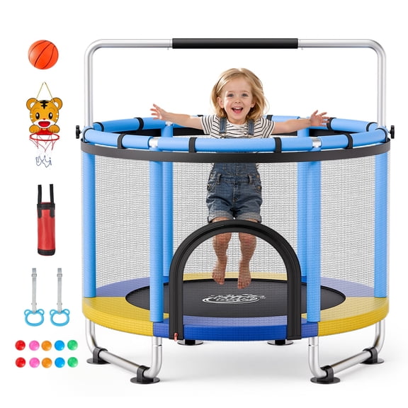 VEVOR 60" Trampoline for Kids, 5 FT Toddler Mini Trampoline, 132 lbs Indoor Outdoor Play Toys with Enclosure Net and Adjustable Gymnastics Bar, Christmas Toys Birthday Gifts for Girls Boys