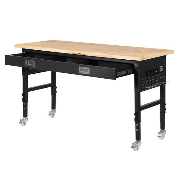 VEVOR 60-inch Adjustable Workbench, 1500 lbs Load Capacity, Garage Workbench with Drawer, Power Outlet, Wheels, and Pegboard, Heavy Duty Oak Wood Top Work Table for Garage, Workshop, Office, and Home