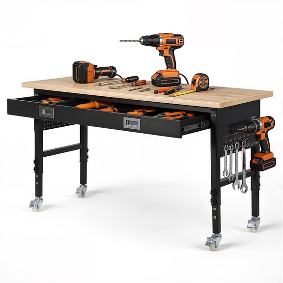 VEVOR 60-inch Adjustable Workbench, 1500 lbs Load Capacity, Garage Workbench with Drawer, Power Outlet, Wheels, and Pegboard, Heavy Duty Oak Wood Top Work Table for Garage, Workshop, Office, and Home