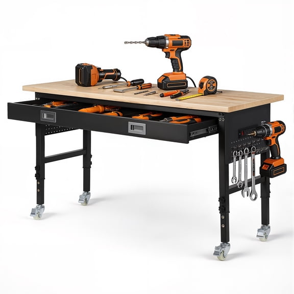 VEVOR 60-inch Adjustable Workbench, 1500 lbs Load Capacity, Garage Workbench with Drawer, Power Outlet, Wheels, and Pegboard, Heavy Duty Oak Wood Top Work Table for Garage, Workshop, Office, and Home