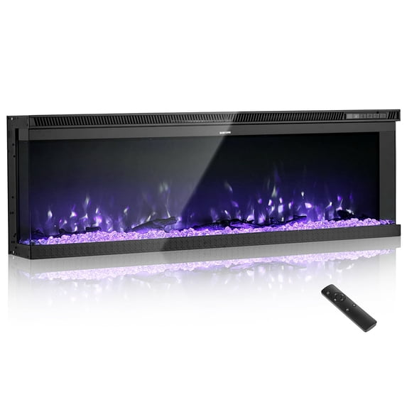 VEVOR 60 inch Electric Fireplace, Three-Sided Glass Wall Mounted Recessed Fire Place with Remote Control, Timer, 1500W, Adjustable Flame Color Brightness,Overheat Protection, for Living Room,Bedroom