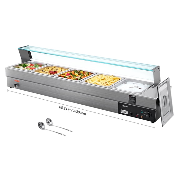 VEVOR 60QT Commercial Food Warmer, 5-Pan Electric Steam Table with Glass Cover, 1500W Countertop Stainless Steel Buffet Bain Marie with 86-185°F Temp Control for Catering,Buffet, Parties,Restaurants