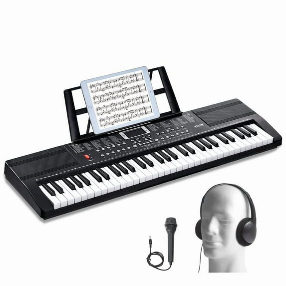 VEVOR 61 Key Digital Keyboard Piano, 200 Tones 200 Rhythms, Electric Portable Piano Keyboard Kit with 60 Demo Songs Built-In Dual Speakers Headphones Microphone, Piano Stickers for Beginners Learning