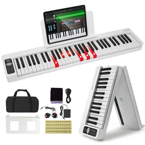 VEVOR 61 Key Folding Keyboard Piano, Bluetooth & MIDI, Portable Electronic Digital Foldable Piano with Sustain Pedal Touch Sensitive Lighted Keys Bag, Rechargeable for Beginners Adults, White
