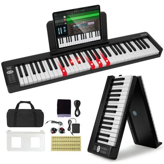 VEVOR 61 Key Folding Keyboard Piano, Bluetooth & MIDI, Portable Electronic Digital Foldable Piano with Sustain Pedal Touch Sensitive Lighted Keys Bag, Rechargeable for Beginners Adults, Black