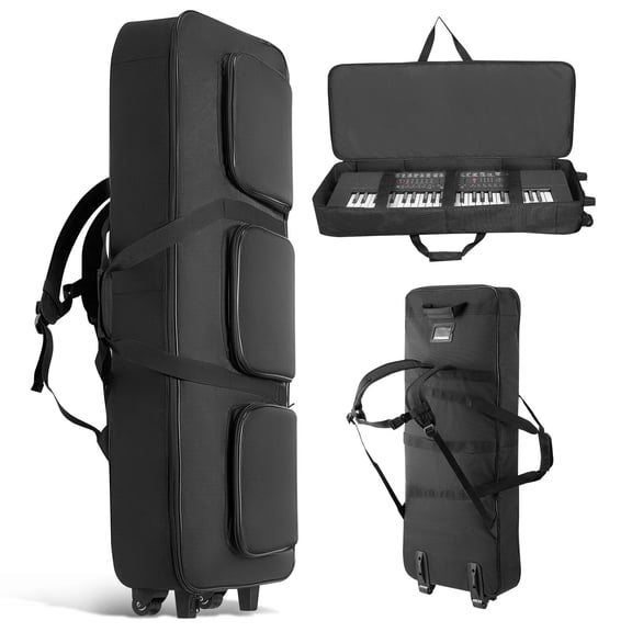VEVOR 61 Key Keyboard Case, 40.9 x 16.9 x 5.1 in Interior, Padded Rolling Piano Case with Wheels, Sturdy Handle, 3-Pocket Storage, Gig Bag with Smooth Wheels, for 88 Note Keyboards and Electric Piano