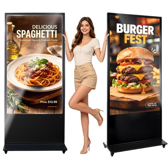 VEVOR 65 in Indoor Digital Signage 4K Floor Stand Advertising Display Kiosk, WiFi HDMI/USB Input Android OS, 178 Wide View, LCD Touchscreen Interactive Monitor, Mobile Commercial Totem Poster