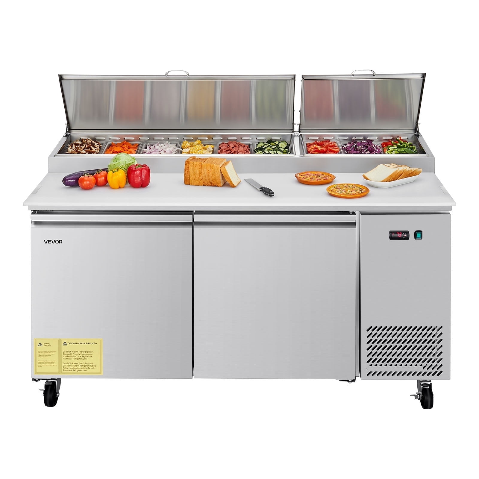 VEVOR 67"W Commercial Refrigerator, Pizza Prep Refrigerated Table,20" Ultra Wide Countertop Food Prep Worktable, 20.3 Cu.Ft Single Door Salad Prep Fridge, 9 Pans Pizza Make Worktop with Cutting Board