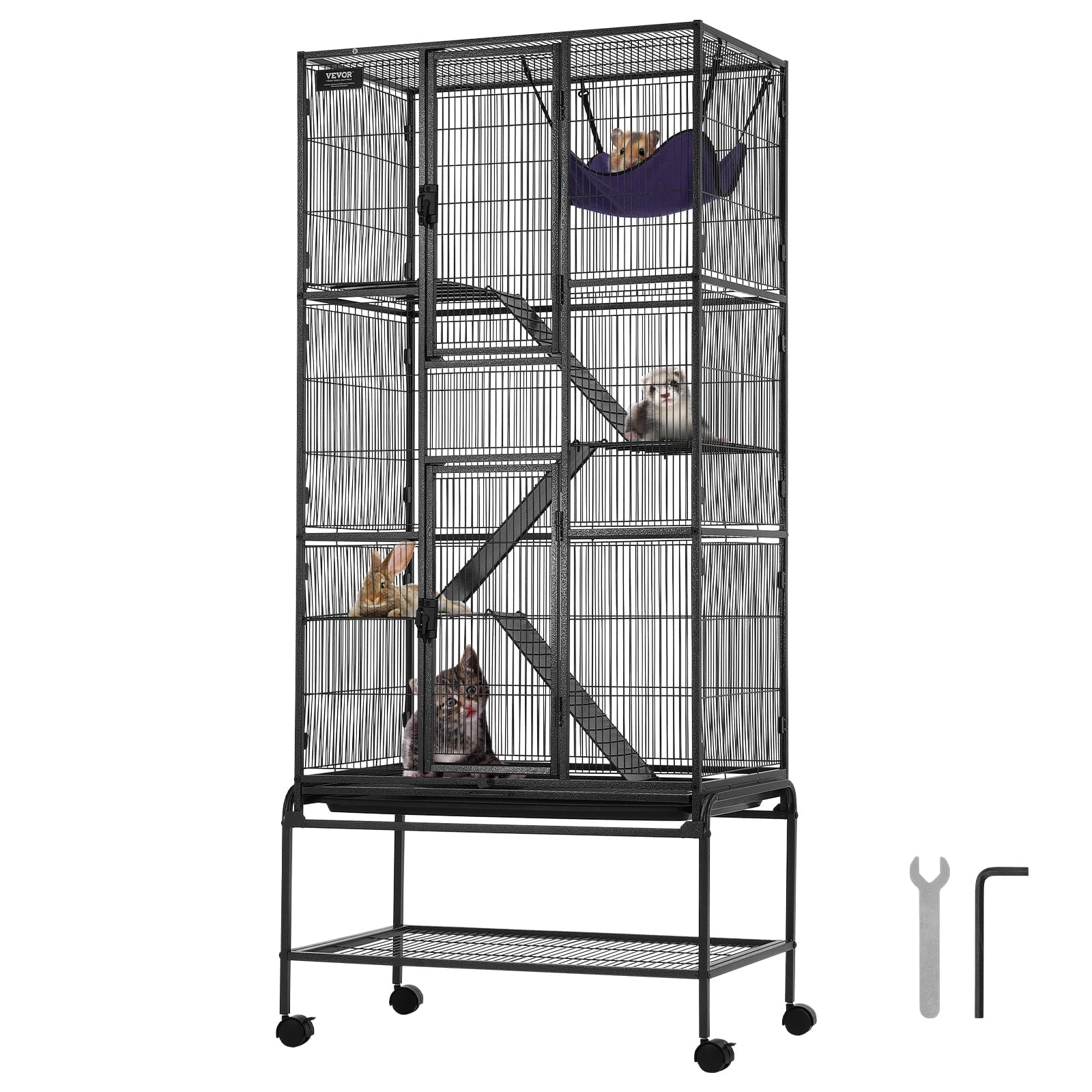 VEVOR 69" Rolling Metal Ferret Cage, Large 4-Tier Small Animal Cage with Ramps & Tray, Easy to Set up for Pet Rats, Hamster, Guinea Pig, Chinchilla, Squirrel, Hedgehogs, Bunny