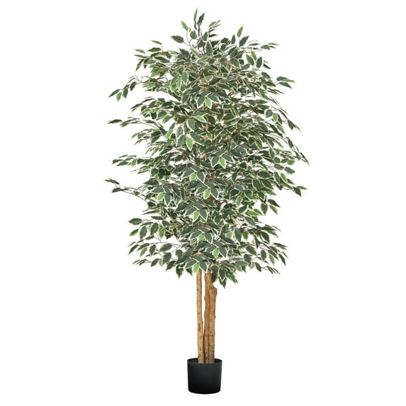 VEVOR 6FT Artificial Ficus Tree with Black Pot, Tall Faux Ficus Plant with Natural Wood Trunk and Realistic Green Leaves, Indoor Fake Silk Tree for Home, Office, Living Room, or Corner Decor