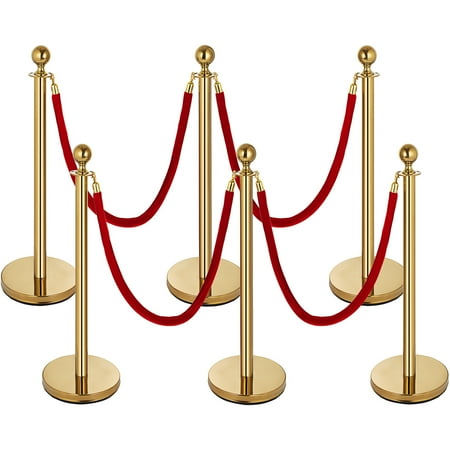 VEVOR 6pcs Gold Stanchion Post, 4 Red Velvet Ropes Queue Rope Barriers, 38in Crowd Control Barrier Queue Line,