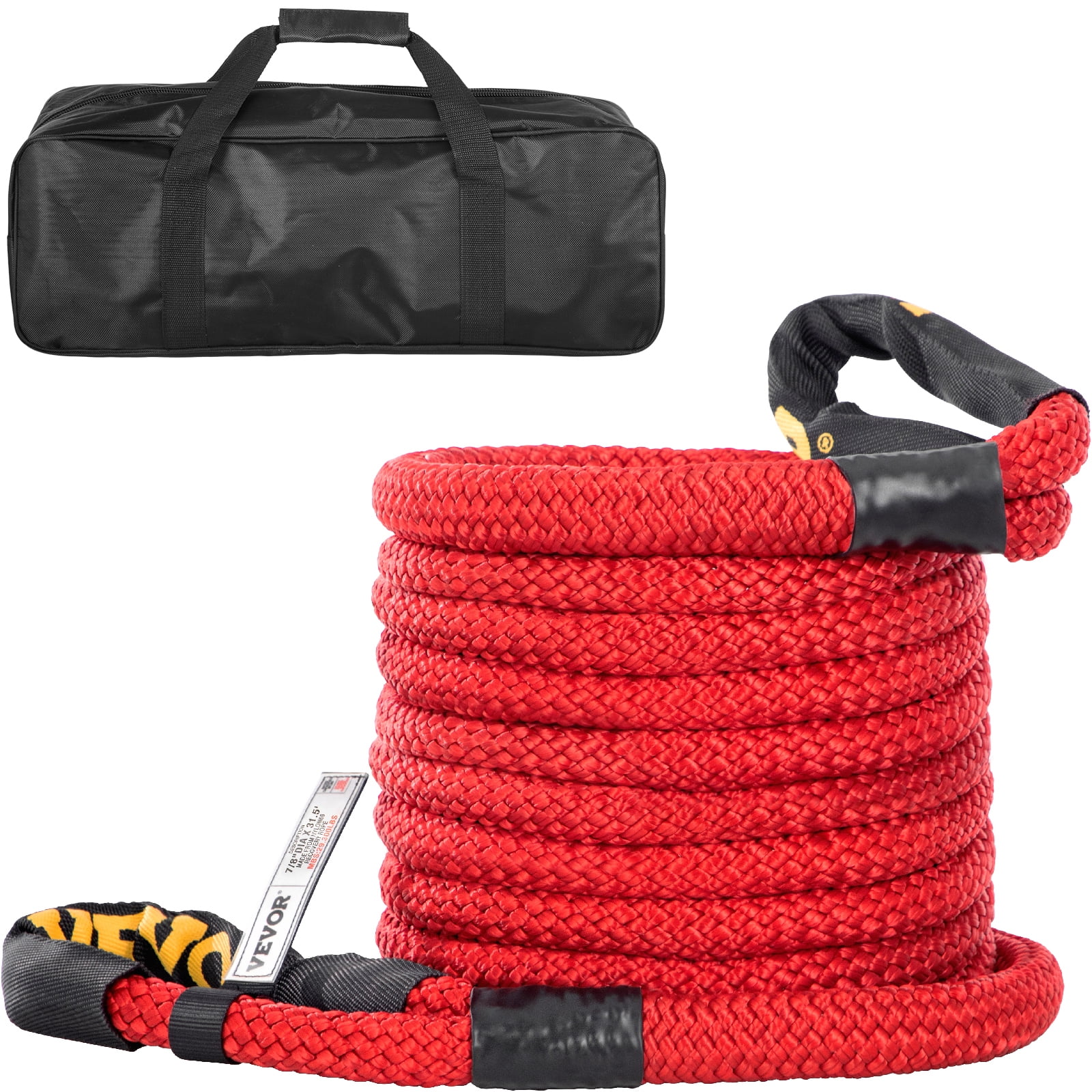 VEVOR 7/8" x 31.5' Recovery Tow Rope, 29,300 lbs, Heavy Duty Nylon Double Braided Kinetic Energy Rope w/ Loops and Protective Sleeves, for Truck Off-Road Vehicle ATV UTV, Carry Bag Included, Red