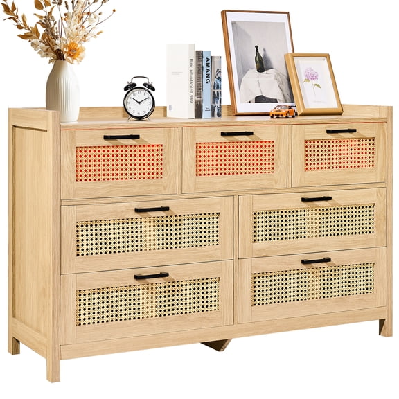 VEVOR 7 Drawer Rattan Dresser, Natural Rattan Wood Dressers with LED Light, Modern Wood Chest Clothing Organizer & Storage Boho Dresser with Sturdy Handles & Legs, for Bedroom, Living Room & Hallway