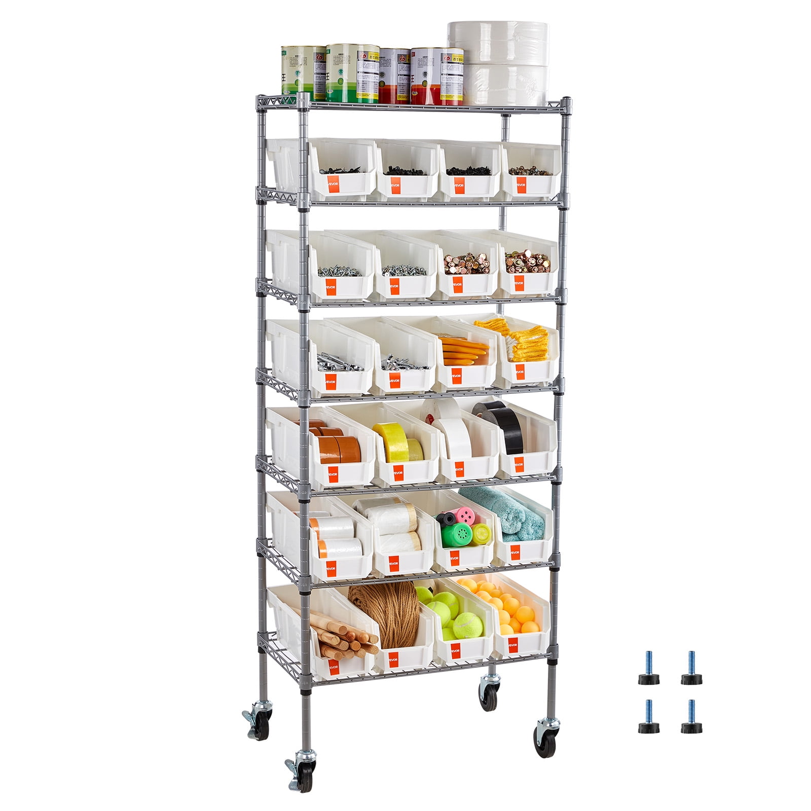 VEVOR 7-Tier Rolling Bin Storage Rack, 24 Small Bins, Bin Rack Storage ...
