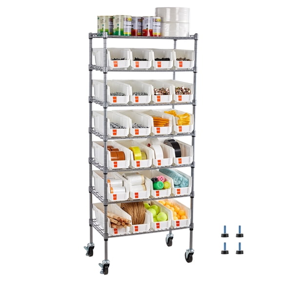 VEVOR 7-Tier Rolling Bin Storage Rack, 24 Small Bins, Bin Rack Storage Steel Wire Shelving System with Wheels, Mobile Tool Organizer for Garage, Warehouse, Office, Restaurant, Classroom, Kitchen