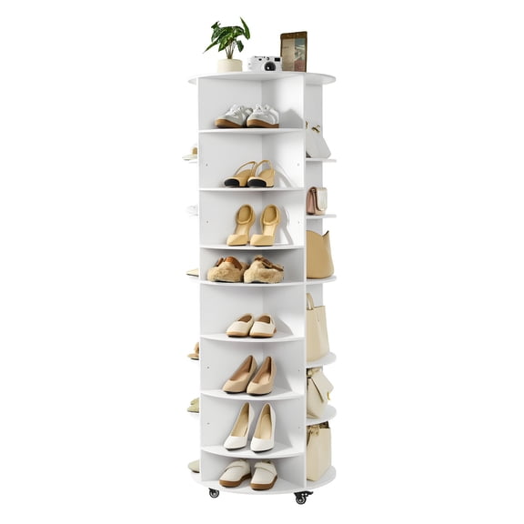 VEVOR 7 Tier Rotating Shoe Rack Tower with Adjustable Shelves, Movable 360 Spinning Carousel Display with Wheels, Lazy Susan Organizer Closet for Bedroom, Living Room, Entryway, Closet, White