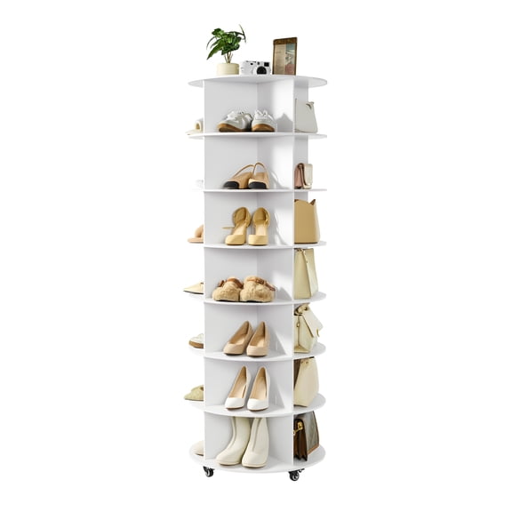 VEVOR 7 Tiers Rotating Shoe Rack Tower with Wheels, Movable 360 Spinning Carousel Display, Lazy Susan Organizer Closet Shelf for Living Room, Entryway, White