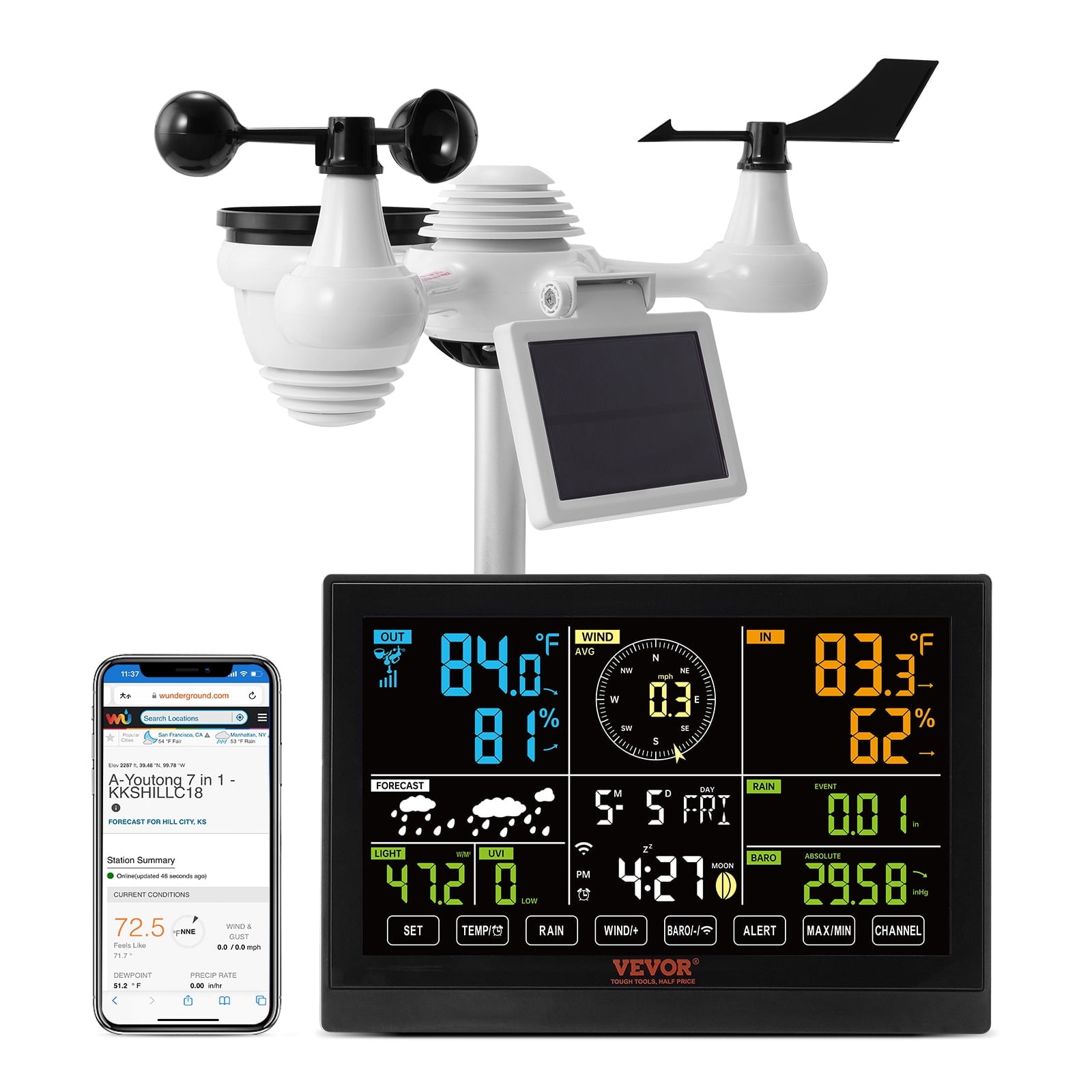 VEVOR 7-in-1 Wi-Fi Weather Station, 7.5 in Color Display, Home Weather Station Indoor Outdoor, with Solar Wireless Outdoor Sensor Alarm Alerts, for Temperature Humidity Wind Speed/Direction Rain