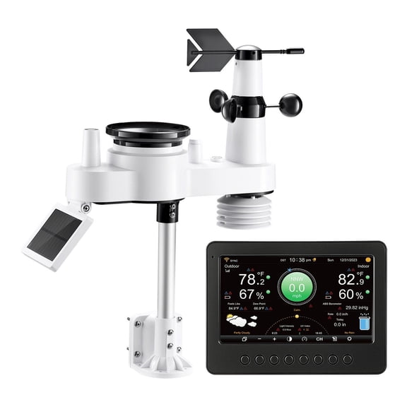 VEVOR 7-in-1 Wi-Fi Weather Station, 7-Inch TFT Display, Wireless Solar Powered Outdoor Sensor, Rain Gauge, Indoor Outdoor for Weather Forecast, Wind S