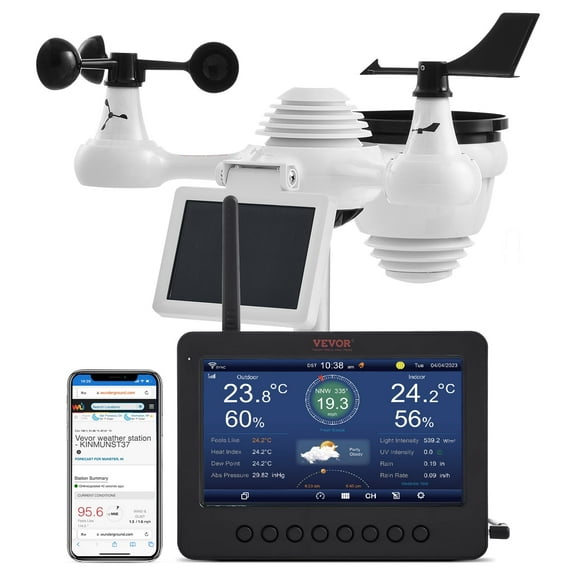 VEVOR 7-in-1 Wireless Weather Station with Wi-Fi,7" TFT Colorful Display, Solar-Powered Outdoor Sensor, Indoor & Outdoor Monitoring, Includes Temperature, Humidity, Wind Speed/Direction, and Rainfall