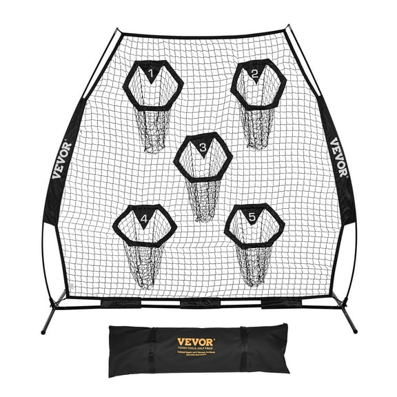 VEVOR 7 x 7 ft Football Trainer Throwing Net, Training Throwing Target Practice Net with 5 Target Pockets, Knotless Net Includes Straps and Portable Carry Case, Improve QB Throwing Accuracy, Black
