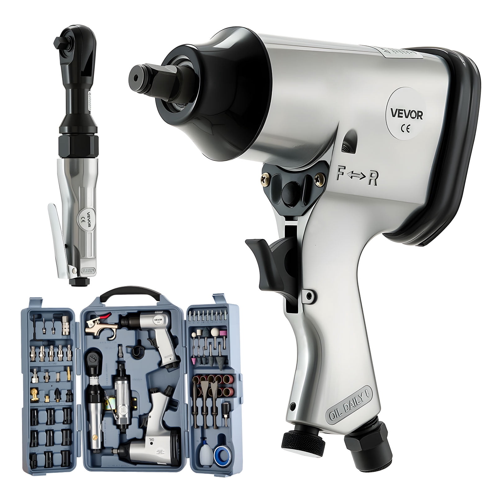 VEVOR 71 Pieces Pro Air Tool and Accessories Kit - 1/2" Air Impact Wrench, 3/8" Ratchet Wrench, 1/2" Die Grinder, 4500BPM Hammer, Blow Gun for Auto Repair, Home DIY Project - Storage Case Included