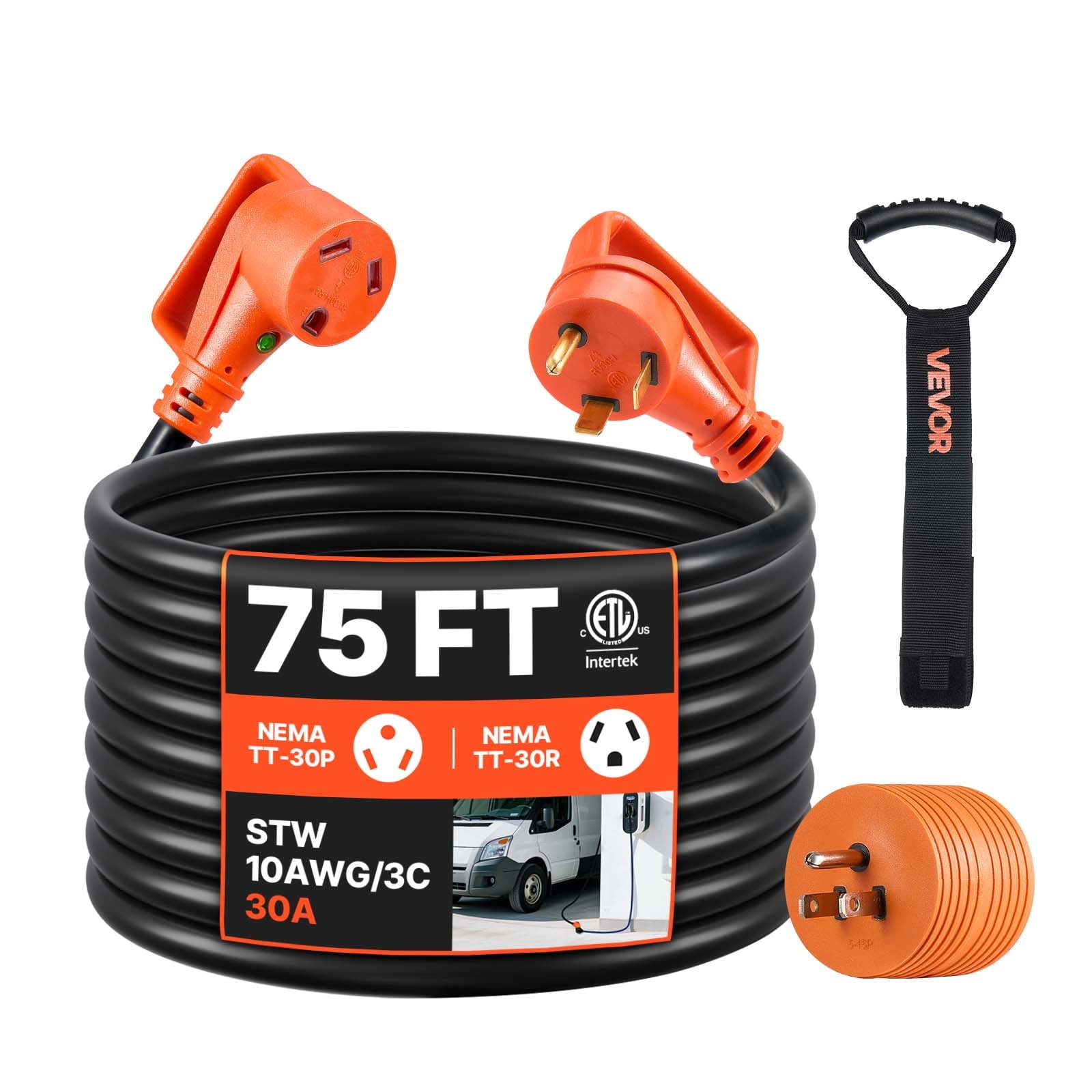 VEVOR 75 FT RV Extension Cord, 30 Amp, 125V 2500W Heavy Duty STW 10/3 Gauge Wire, NEMA TT-30P Male NEMA TT-30R Female Plug, with LED Power Indicator, Handle, 15A Adapter, for RV Trailer, ETL Listed