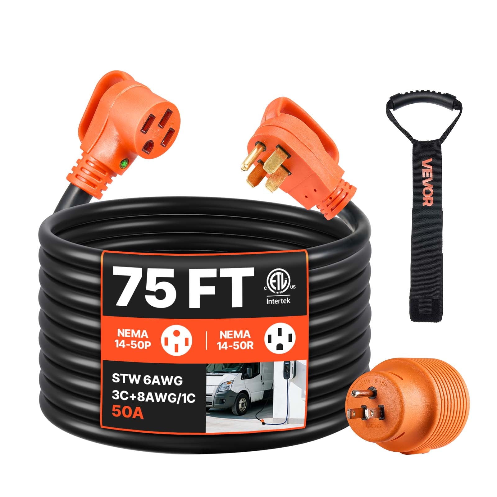 VEVOR 75 FT RV Extension Cord, 50 Amp, 125V/250V 7500W Heavy Duty STW 6/3 + 8/1 Gauge Wire, NEMA 14-50P Male NEMA 14-50R Female Plug,with LED Indicator, Handle,15A Adapter for RV Trailer,ETL Listed