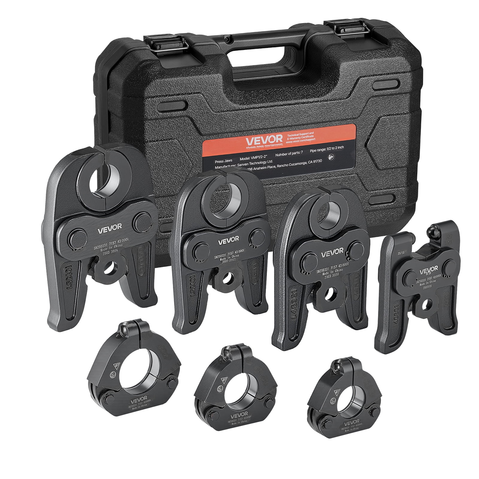 VEVOR 7PCS MegaPress Pressing Kit 1/2" to 2" - 3PCS Press Jaws, 3PCS Press Rings, 1PCS Actuator for MegaPress Carbon Steel Pipes, Compatible with Standard Press Tools - with Case