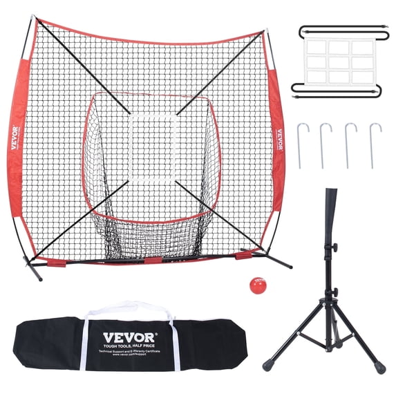 VEVOR 7x7 ft Baseball Softball Practice Net, Portable Baseball Training Net for Hitting Batting Catching Pitching, Backstop Baseball Equipment with Bow Frame, Carry Bag, Strike Zone,Ball,Batting Tee
