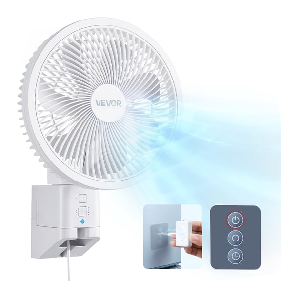 VEVOR 8.5 in Wall Mount Fan, Oscillating Hanging Fan with Remote Control, 10 ft Powerful Airflow, DC Motor, 4 Speeds & Timer, Auto 90 Horizontal & Manual Vertical Tilt, Ideal for Home, Office, RV